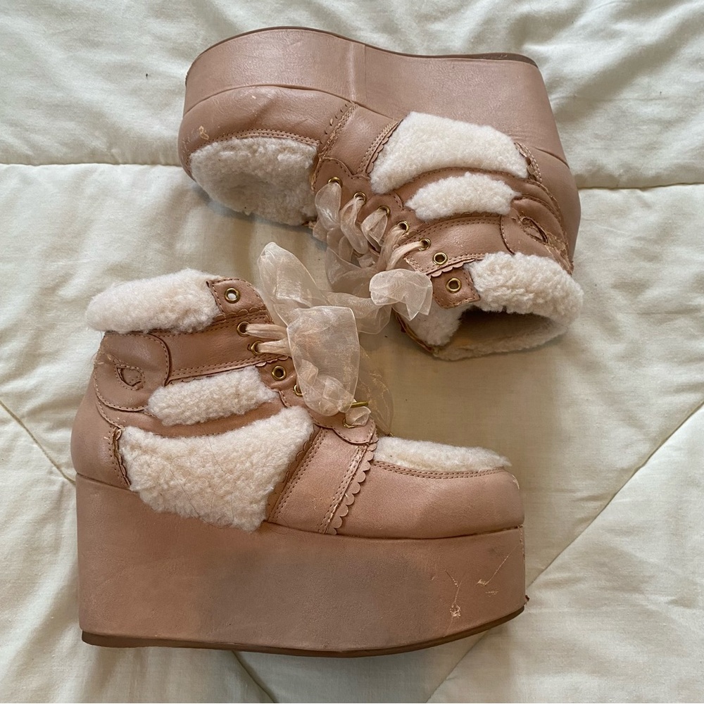 Rare Liz Lisa Japanese EGL Lolita Gyaru Faux Fur Ribbon Lace Platform Shoes